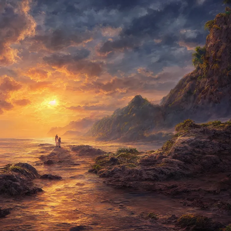 Prompt: a beautiful painting of a journey of a thousand miles begins with a single step, it is necessary to take the first step to reach your goal, flying island and sunset, highly detailed, 8 k resolution, trending on artstation