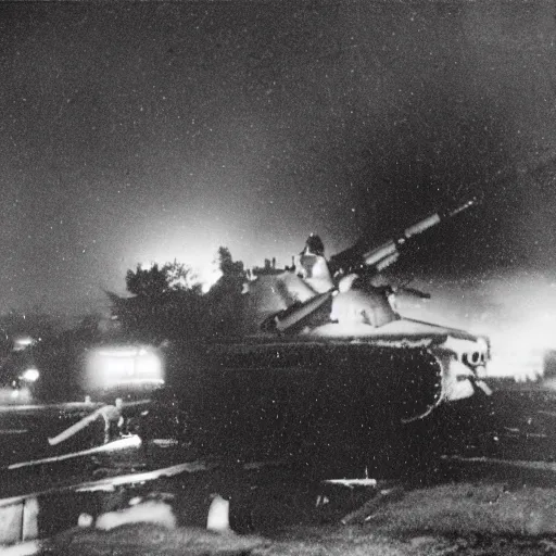 Prompt: grainy photograph of a white dove sitting on a tank gun during war night