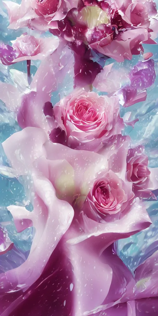 Image similar to magic invisible blade slicing through a bouquet of white and pink roses, flowers exploding and spraying, big puffy clouds, sharp rain, large rose petals, lotus petals, large polygonal background elements, large polygons, dramatic anime, dramatic lighting, artgerm, manga, trending on artstation, art nouveau, mature colors