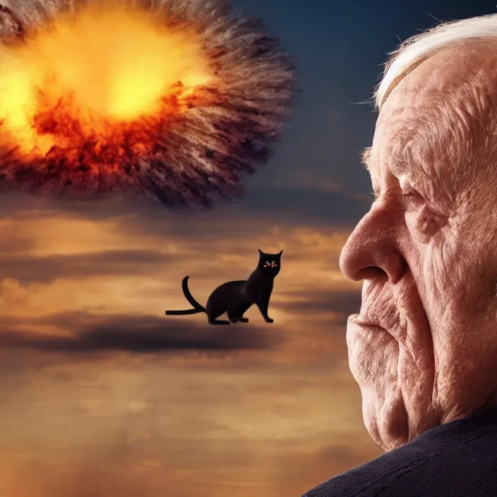 Prompt: cinematic movie close up shot, background blur bokeh, old man sitting with black cat watching nuke explosion close up!, world ending nuke, 4 k