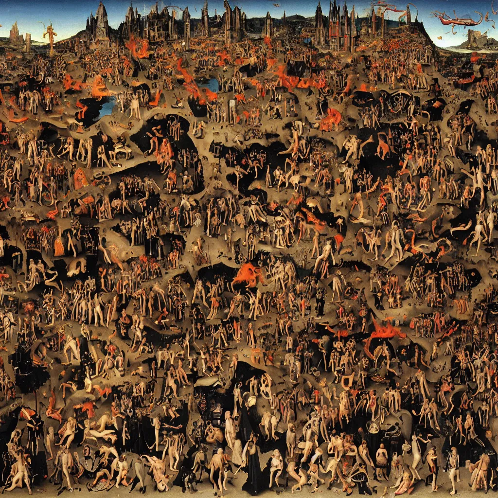 Prompt: hell, hans memling, cyberpunk style