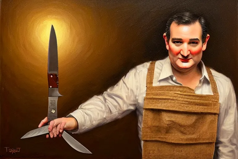 Prompt: portrait of ted cruz wearing a burlap sack with a knife at night in texas, an oil painting by ross tran and thomas kincade