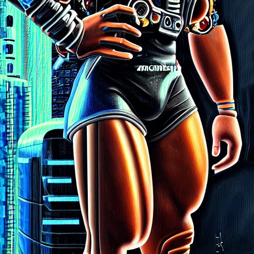 Prompt: ultra realist intricate detailed pin - up painting of ronaldo nazario as a single rugged cyborg male, and cyborg tech on body and legs, symmetry accurate features, cyberpunk, industrial, apocalyptic, very intricate details, focus, high resolution, 8 k resolution, dramatic lighting, artstyle hiraku tanaka, award winning