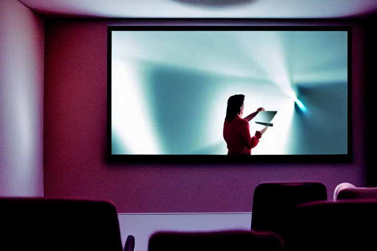Prompt: a projector showing a slide show, of an angry woman, slightly smokey room
