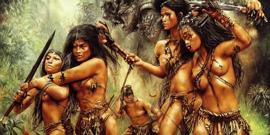 Image similar to movie, ancient battle in jungle, beautiful brutal aztec and Amazonian females fight, epic, vintage, blood, slight inspiration of Boris vallejo and apocalypto