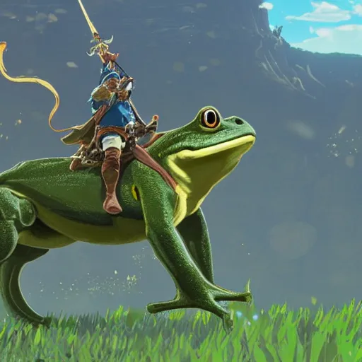 Prompt: a warrior frog riding a gigantic riding a gigantic fly in breath of the wild