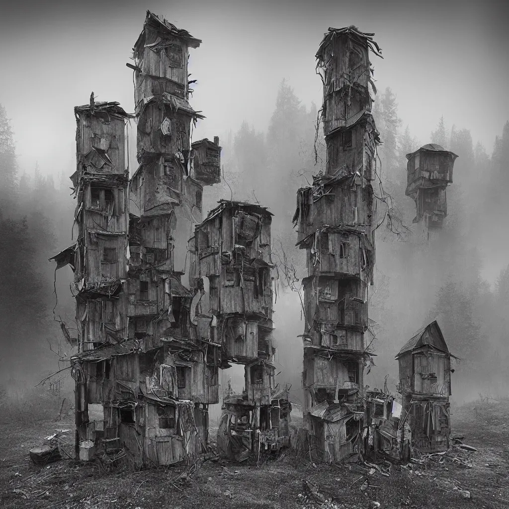 Prompt: two towers, made up of makeshift squatter shacks, misty, dystopia, hasselblad x 1 d, fully frontal view, very detailed, photographed by ansel adams