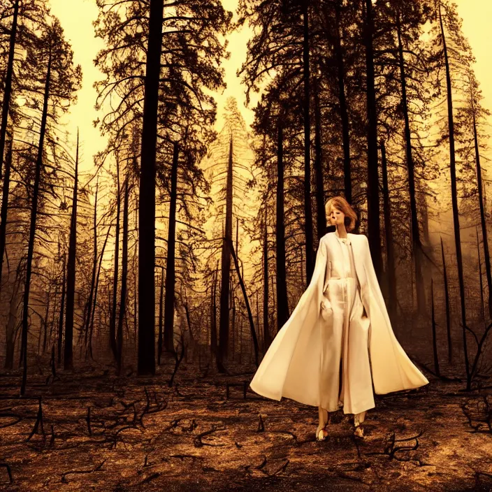 Image similar to a woman with a white standing in a burnt charred forest, golden hour, vogue magazine