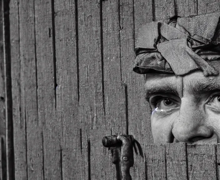 Image similar to 4 k hd, high detail photograph of an jewish prisoner, auschwitz camp, shot with sigma f / 4. 2, 2 5 0 mm sharp lens, wide shot, consistent, volumetric lighting, high level texture render