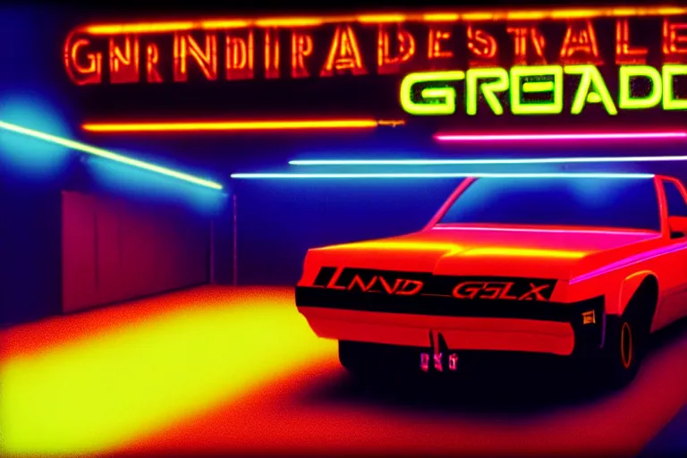 Image similar to stylized poster of a single gnx grand national, thick neon lights, ektachrome photograph, volumetric lighting, f 8 aperture, cinematic eastman 5 3 8 4 film