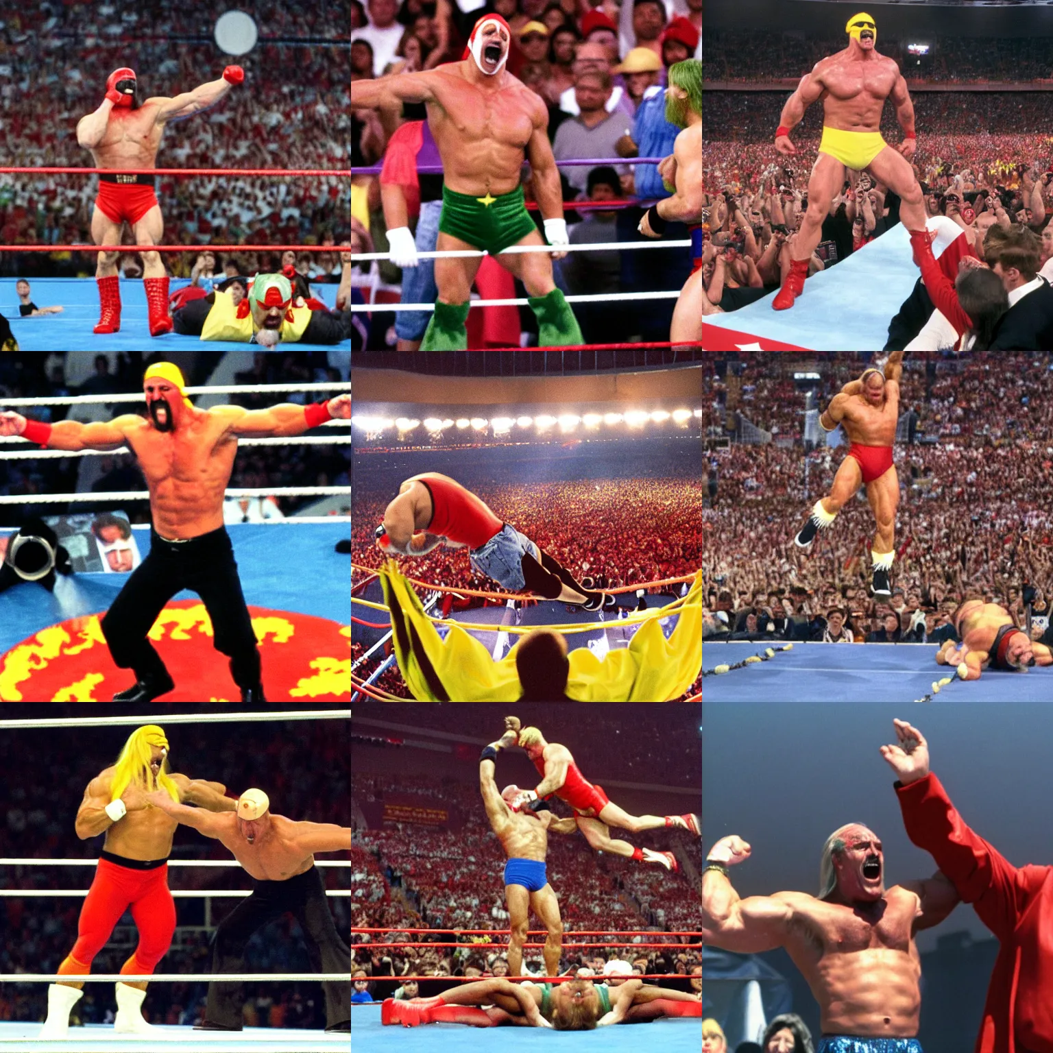 Prompt: hulk hogan body slamming vladimir putin in front of 2 0 million screaming hulkamaniacs at the pontiac silver dome