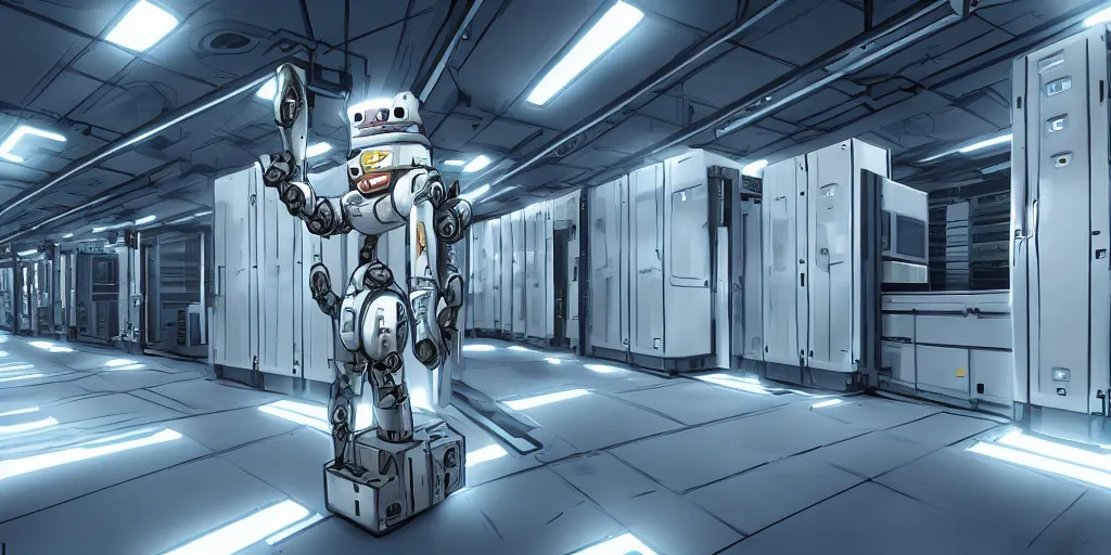 Image similar to parallax datacenter server room white rusty android robocowboy in artstation