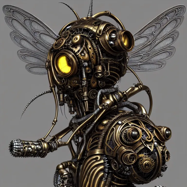 Image similar to steampunk cybernetic biomechanical bee with wings, 3 d model, very coherent symmetrical artwork, unreal engine realistic render, 8 k, micro detail, intricate, elegant, highly detailed, centered, digital painting, artstation, smooth, sharp focus, illustration, artgerm, tomasz alen kopera, wlop