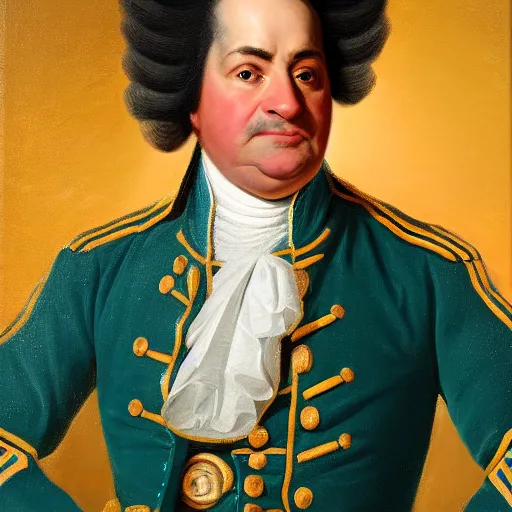 Image similar to official portrait of the los angeles lakers dictator, 1 7 8 0, in full lakers military garb. oil on canvas by william sidney mount, oil on canvas, octane render