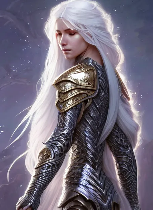 Image similar to light iridescent armor!!! long wild white hair!! covered chest!!! fantasy, d & d, intricate ornate details, digital painting, pretty face!!, symmetry, concept art, sharp focus, illustration, art by artgerm! greg rutkowski magali villeneuve wlop! ilya kuvshinov!!, octane render