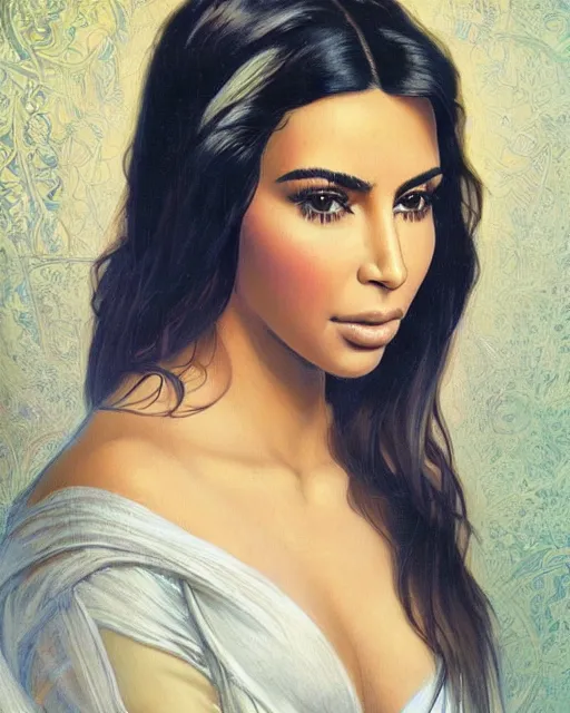 Image similar to a highly realistic, true to life portrait of kim kardashian as a beautiful young middle eastern girl, sharp focus, from the waist up, with sharp features, a beautiful face, soft smile, under studio lighting, taken with a canon eos camera with 1 3 5 mm focal length, art by artgerm and greg rutkowski and alphonse mucha