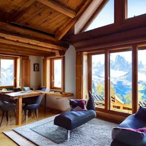 Image similar to a beautiful swiss home the mountains set the view inside of a living room the olivia room have a lot of windows the windows have a view of the beautiful mountains of switzerland it a sunny day professional photograph