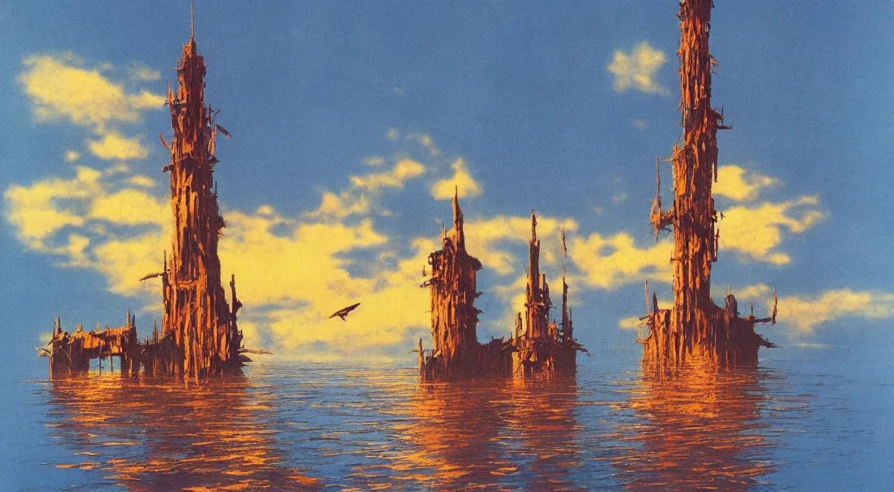 Prompt: single flooded simple wooden tower, very coherent and colorful high contrast!! masterpiece by bruce pennington, minimalist, dark shadows, sunny day, hard lighting