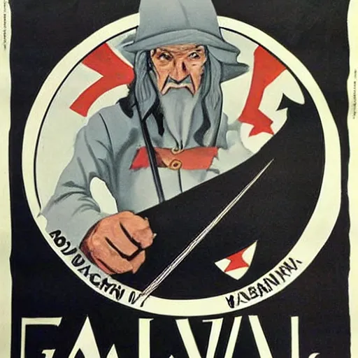 Prompt: WW2 propaganda poster showing Gandalf warning about the dangers of the one ring.