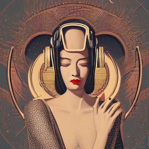 Prompt: intricate, amazing, art deco, retro vintage and romanticism, painting by natelle quek, soft color palette, highly detailed, godess with headphones from space sci - fi of ancient religion