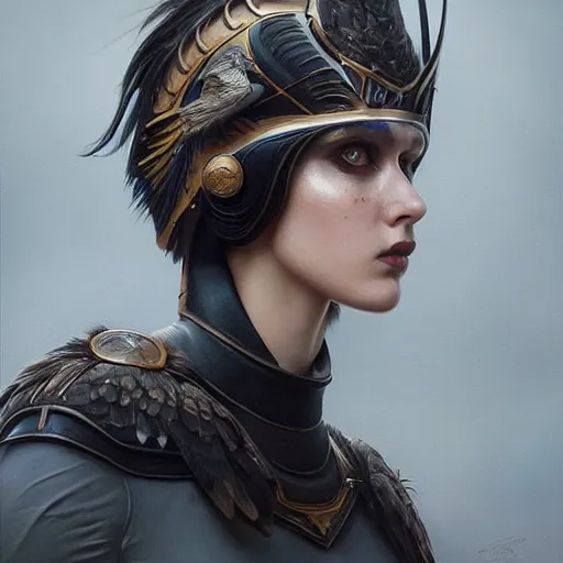 Image similar to tom bagshaw, very beautiful genetic mix of australian hawk and raven winged helm, professionally retouched, focus eyes, ultra realistic soft painting, insanely detailed linework, symmetrical accurate intricate features, behance artstation, 8 k