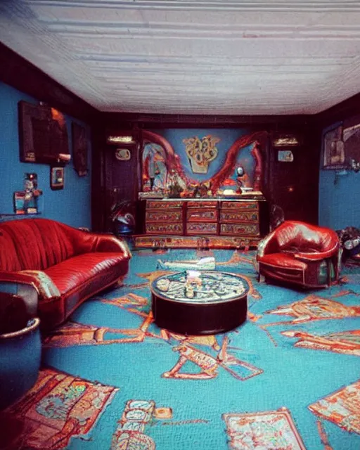 Prompt: the image is a lost hollywood film still 1 9 8 0 s photograph of the norse god loki's lounge room. vibrant cinematography, anamorphic lenses, crisp, detailed image in 4 k resolution.