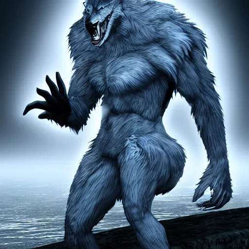 Prompt: man transforming into a werewolf at night, full body, anime style, hyper detailed, 8 k, unreal engine, realistic brown fur, full moon background