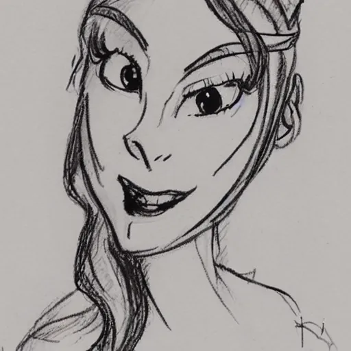 Image similar to milt kahl sketch of vanessa hudgeons with done up hair, tendrils covering face and ponytail as princess padme from star wars episode 3