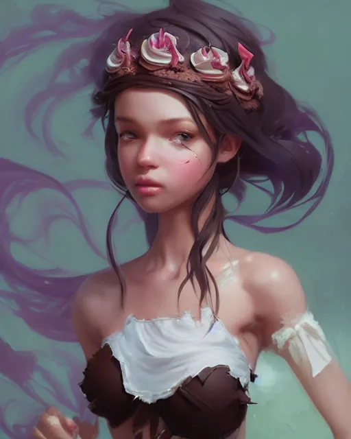 Image similar to a ( ( girl as personification of chocolate cupcake ) ), beauty, fantasy bakery, digital painting by krenz cushart, greg rutkowski, artgerm, laurie greasly, wlop, intricate, highly detailed!!, sharp focus, smooth, epic composition, joyful, unreal engine, masterpiece, 8 k