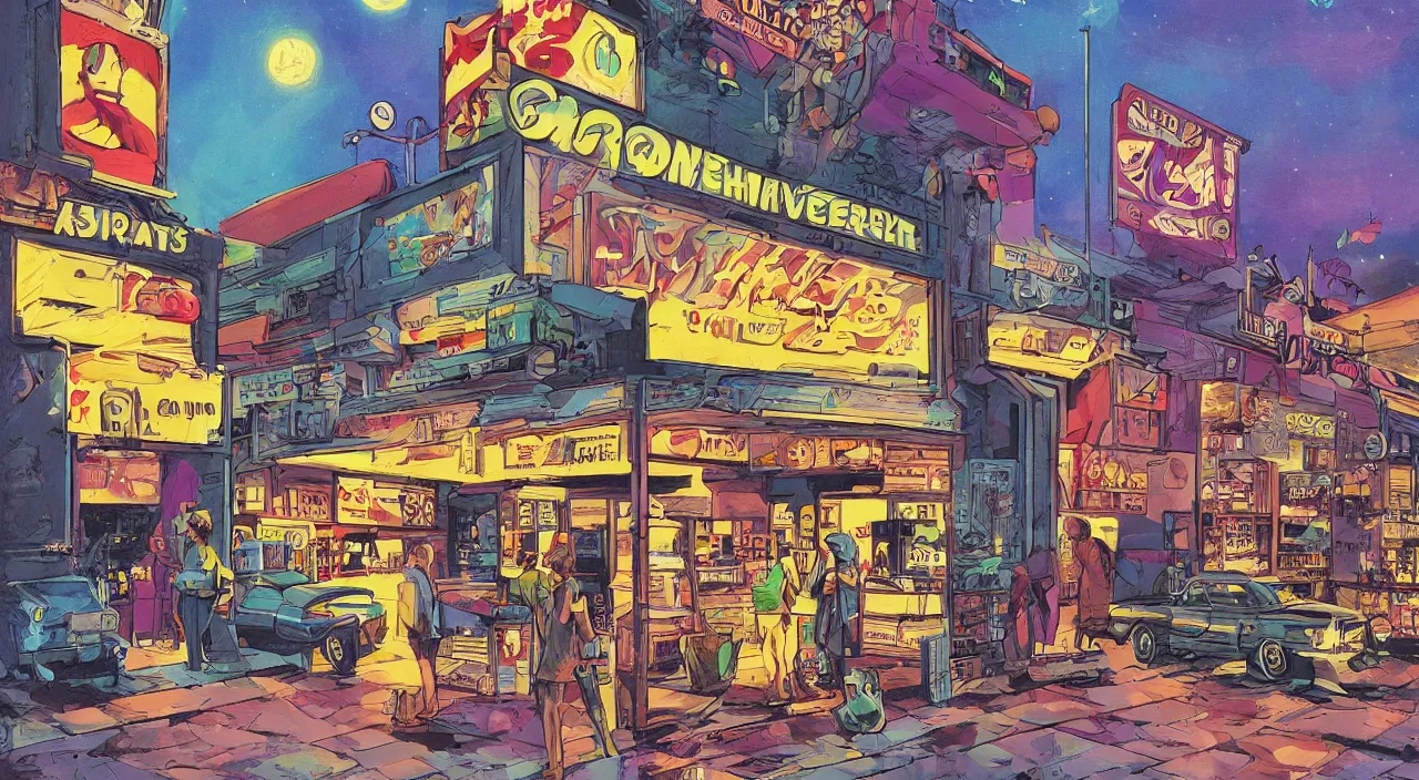 Image similar to convenience store roadside south west night stars sky moon beautiful artstation 4 k breathtaking graphic novel concept art illustration cartoon by jack kirby