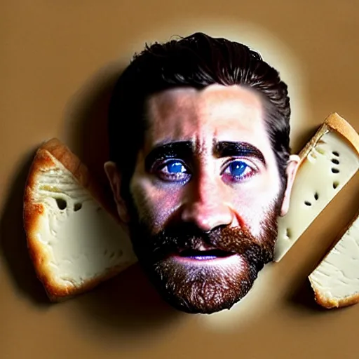 Image similar to food photography of jake gyllenhaal's face fused with halloumi cheese ( ( white halloumi cheese hybrid with jake gyllenhaal face ) ), jake gyllenhaal sentient cheese man, by greg rutkowski