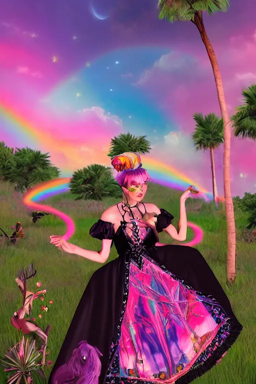 Prompt: Ethereal safari landscape with a pink rainbow sky under a goddess moonstone, black leather and embroidered Lolita dress in velvet, rich color, ramatic cinematic lighting, featured on Artstation, extremely detailed by Lisa Frank