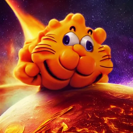 Prompt: one scary garfield in space, galaxy, hd, 8 k, explosions, gunfire, lasers, giant, epic, realistic photo, unreal engine, stars, prophecy, powerful, cinematic lighting, destroyed planet, debris, movie poster, violent, sinister, ray tracing, dynamic, print, epic composition, dark, lasagna, horrific