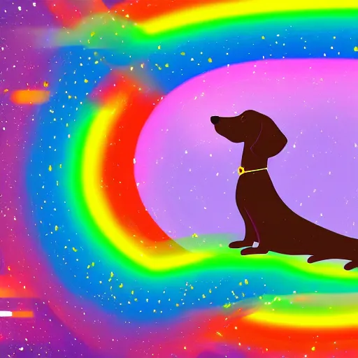 Image similar to space Dachshund floating of away from the earth, complex wavy rainbow lines, particles and distortion, in the style of Ori Toor