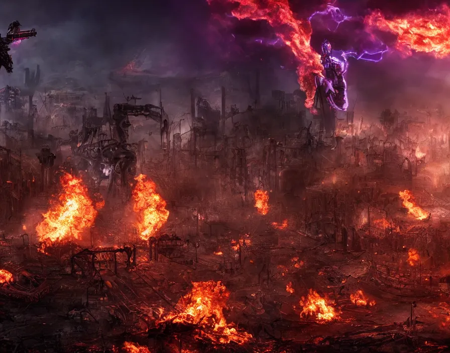 Image similar to terminator with purple flaming skull, destroyed town on background, fantasy artwork, very beautiful scenery, hd, hdr, ue 5, ue 6, unreal engine 5, cinematic 4 k wallpaper, 8 k, ultra detailed, by popular digital, details, beautiful image ever created, high resolution, artstation, award winning