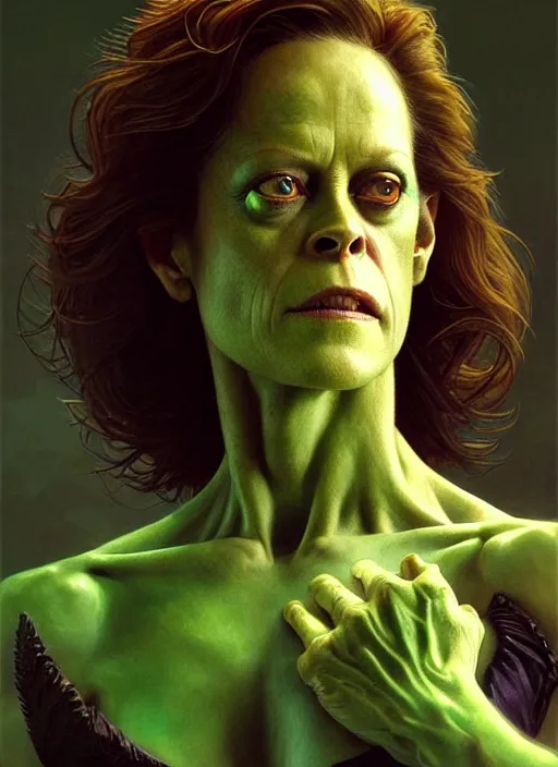 Prompt: portrait of sigourney weaver as a goblin, d & d, muscular! green, fantasy, intricate, elegant, highly detailed, digital painting, artstation, concept art, smooth, sharp focus, illustration, art by artgerm and greg rutkowski and alphonse mucha