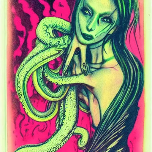 Image similar to the beautiful female creature with tentacles all over her soul rpping it from her body, wispy horrors, acid colors, polaroid pic by realistic horrors