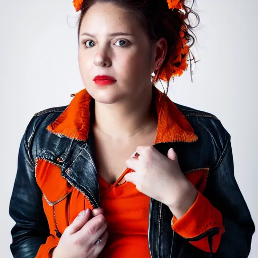 Image similar to portrait of a woman with flower tatoos, brown hair tied, red jacket and orange background, studio lighting