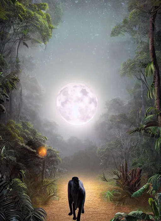 Prompt: a beautiful matte painting of a black jaguar walking in the jungle at night, with full moon in the sky, ayahuasca, by Pablo Amaringo