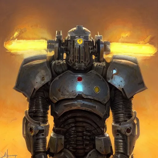 Image similar to the doomslayer with energy armor as a realistic scifi knight, closeup portrait art by donato giancola and greg rutkowski, vintage retro scifi, realistic face, digital art, trending on artstation, symmetry!!