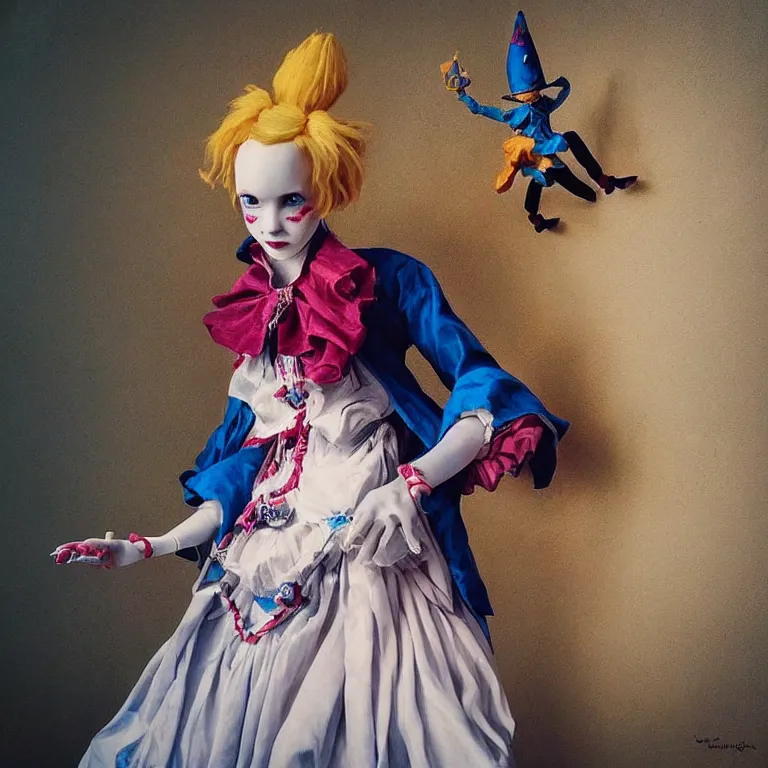 Prompt: “portrait of Hisoka Morow porcelain doll like jester as a medieval jester, studio lighting hyperreal photograph royal painting happy whimsical good vibes”