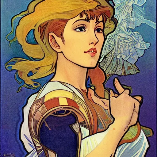 Image similar to Samus from Nintendo by Alphonse Mucha, high detail, peaceful colors