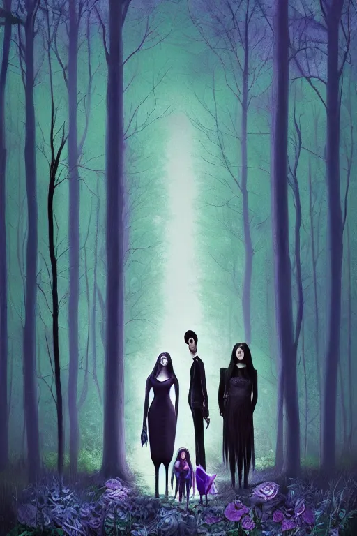 Prompt: the Addams family standing in a beautiful dark spooky woods in the moonlight, blue and purple shades of flowers, by Alena Aenami, thomas kinkade, 8K resolution, colorful, holographic, matte painting, ultra detailed, trending on Artstation