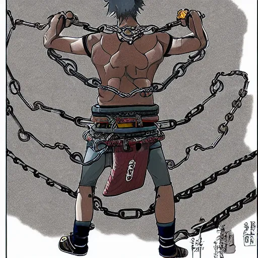 Image similar to A FULL BODY PORTRAIT FROM BEHIND OF MADARA UCHICHA ,THE MAN KEEPS A KUSARIGAMA AND IT IS WRAPPED IN CHAINS ,detailed, concept art, ink style , sketch