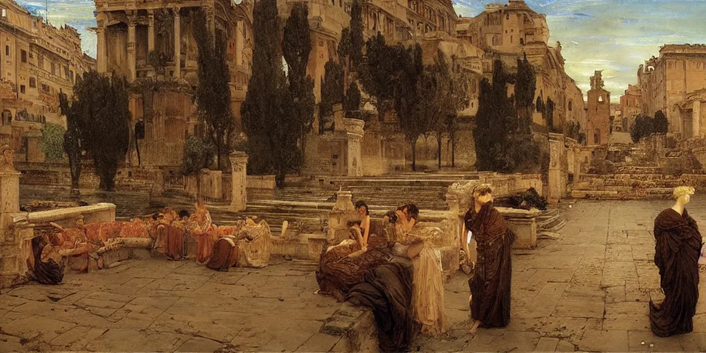 Image similar to ancient rome on fire at night by lawrence alma - tadema,