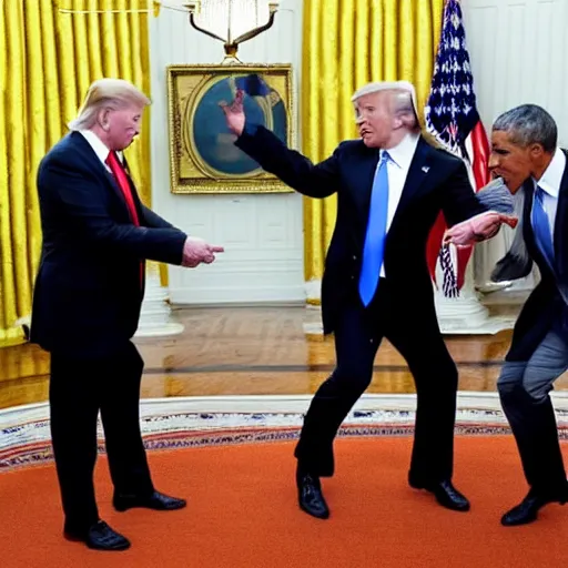 Image similar to photo of putin, trump, obama and bush having a lightsaber battle in the white house roof