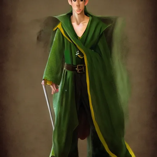 Prompt: A portrait of a adolescent male half-elf wizard who is tall and slim, focus on face, short brown hair, smiling, deep green eyes, robes, staff, sharp focus, highly detailed, photograph, cinematic, dynamic lighting, trending on artstation, digital painting