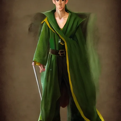 Image similar to A portrait of a adolescent male half-elf wizard who is tall and slim, focus on face, short brown hair, smiling, deep green eyes, robes, staff, sharp focus, highly detailed, photograph, cinematic, dynamic lighting, trending on artstation, digital painting