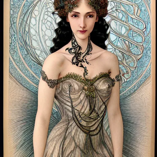 Image similar to facial portrait of a young pretty woman in flowing dress, arrogant, mysterious, long fine flowing hair, delicate, looking at camera, slightly awkward smile, realistic face, hands behind back, intricate, stylish, elegant, grimdark fantasy, flowers, art nouveau, extremely detailed painting inspired by Gerald Brom and Ernst Haeckel and Kaluta