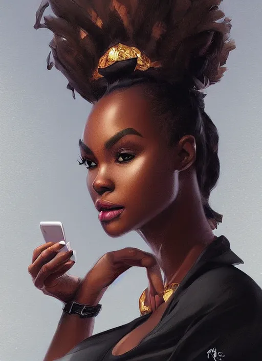 Prompt: detailed digital painting of beautiful black woman ceo, juggling cells phone manilla folders coffee fanart behance digital painting artstation, concept art, matte, sharp focus, illustration, corporate office atmosphere, hearthstone, art by artgerm and greg rutkowski and alphonse mucha